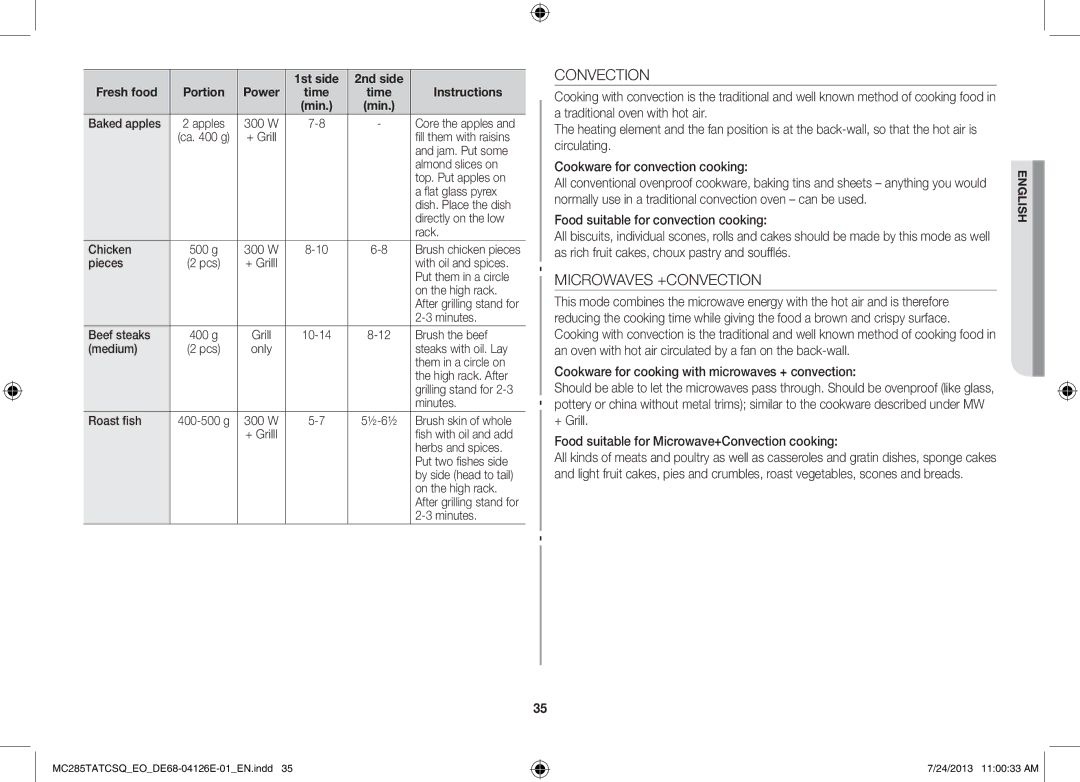 Samsung MC285TATCSQ/EO manual Convection, Microwaves +CONVECTION 