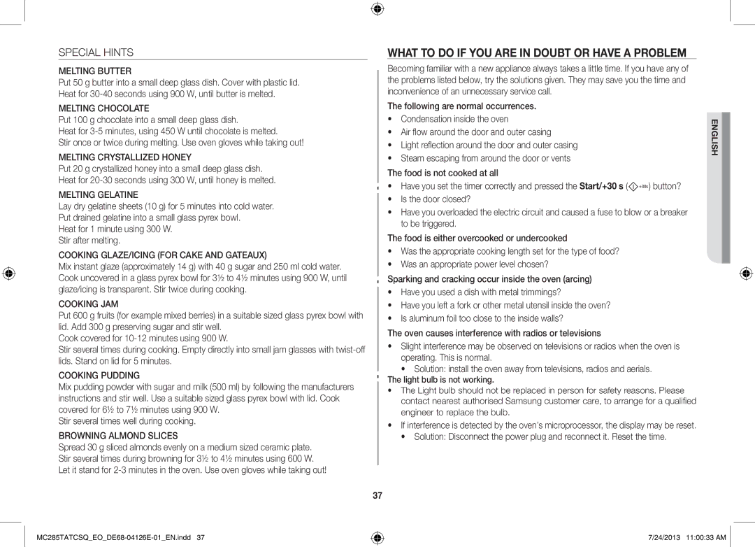 Samsung MC285TATCSQ/EO manual Special Hints, Stir several times well during cooking 