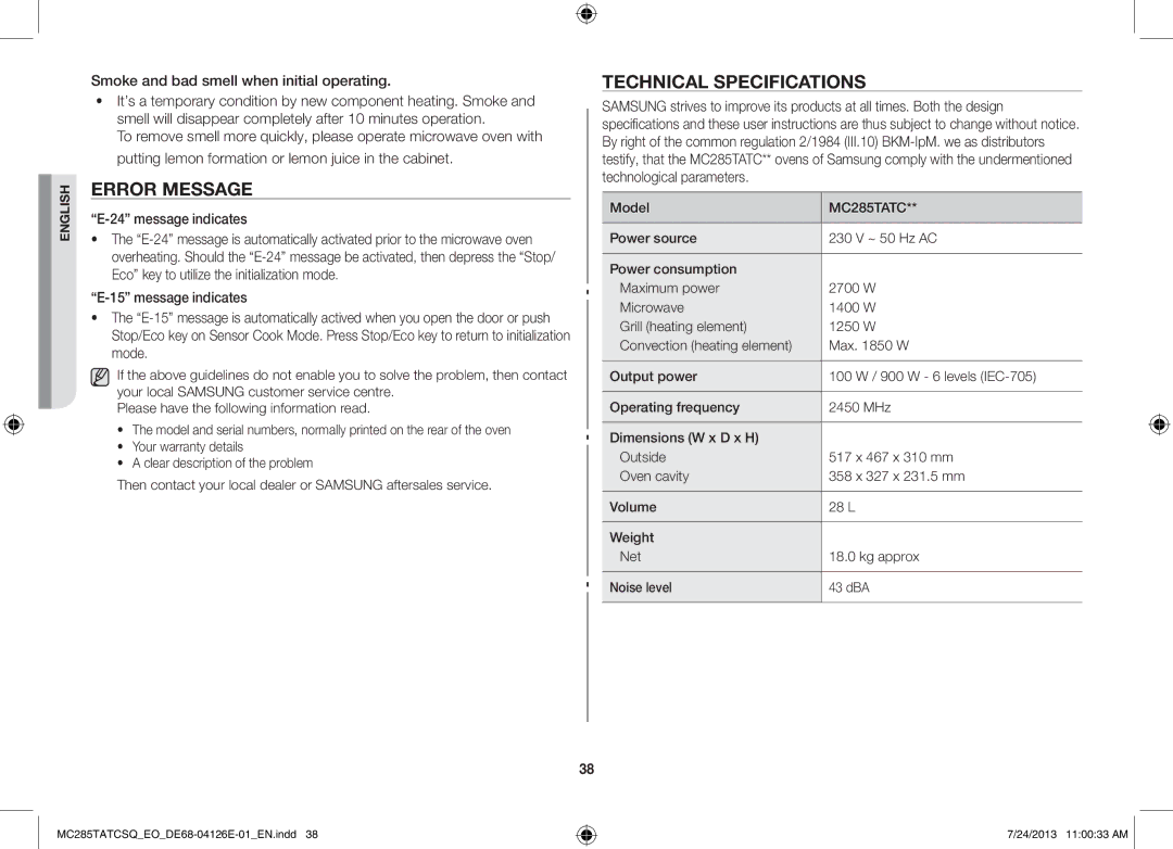 Samsung MC285TATCSQ/EO manual Error Message, Technical Specifications, Message indicates 