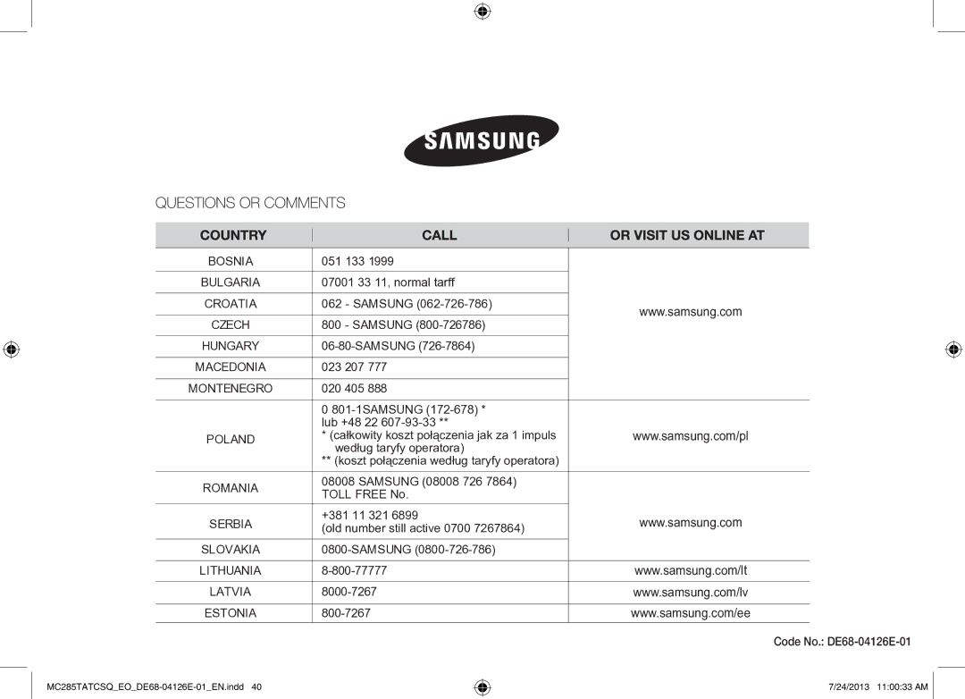 Samsung MC285TATCSQ/EO manual Code No. DE68-04126E-01, Koszt połączenia według taryfy operatora 