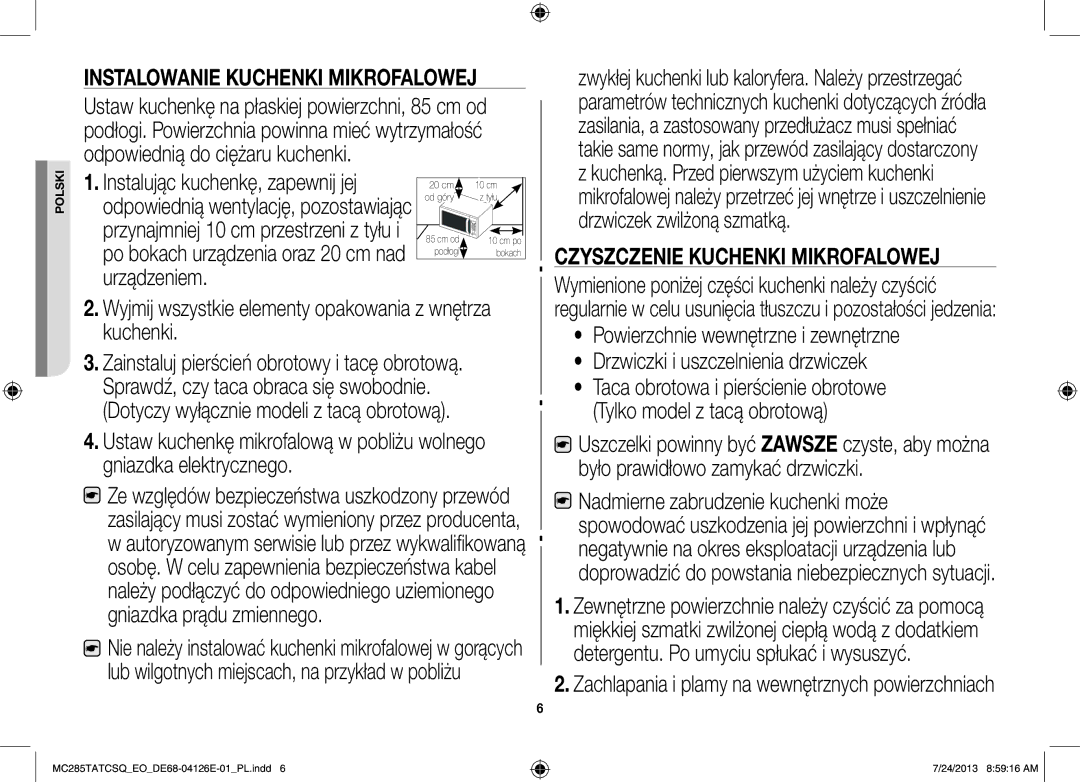 Samsung MC285TATCSQ/EO manual Dotyczy wyłącznie modeli z tacą obrotową, Instalowanie Kuchenki Mikrofalowej 