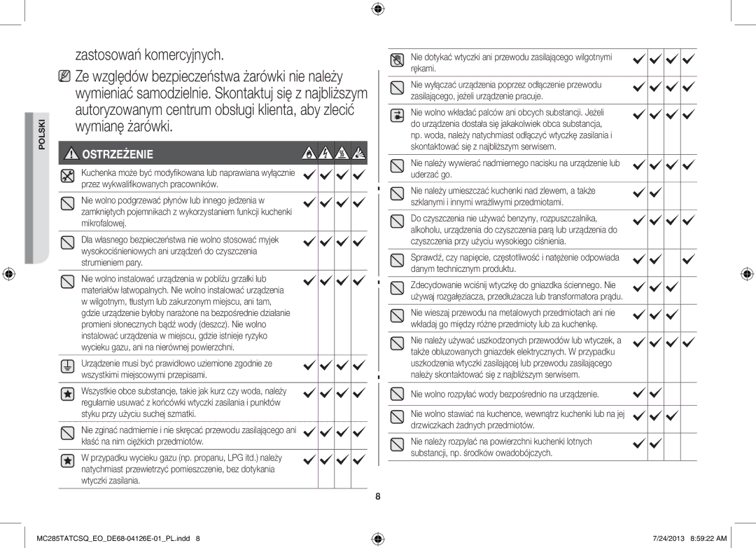 Samsung MC285TATCSQ/EO manual Zastosowań komercyjnych, Nie wolno rozpylać wody bezpośrednio na urządzenie 