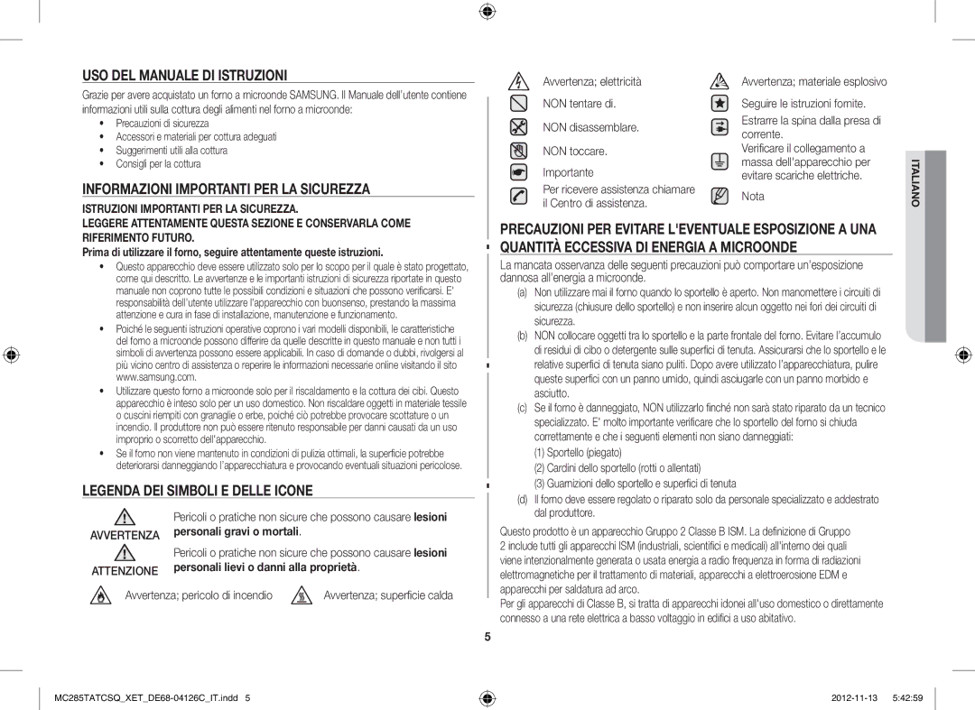 Samsung MC285TATCSQ/ET manual USO DEL Manuale DI Istruzioni, Informazioni Importanti PER LA Sicurezza, Nota 