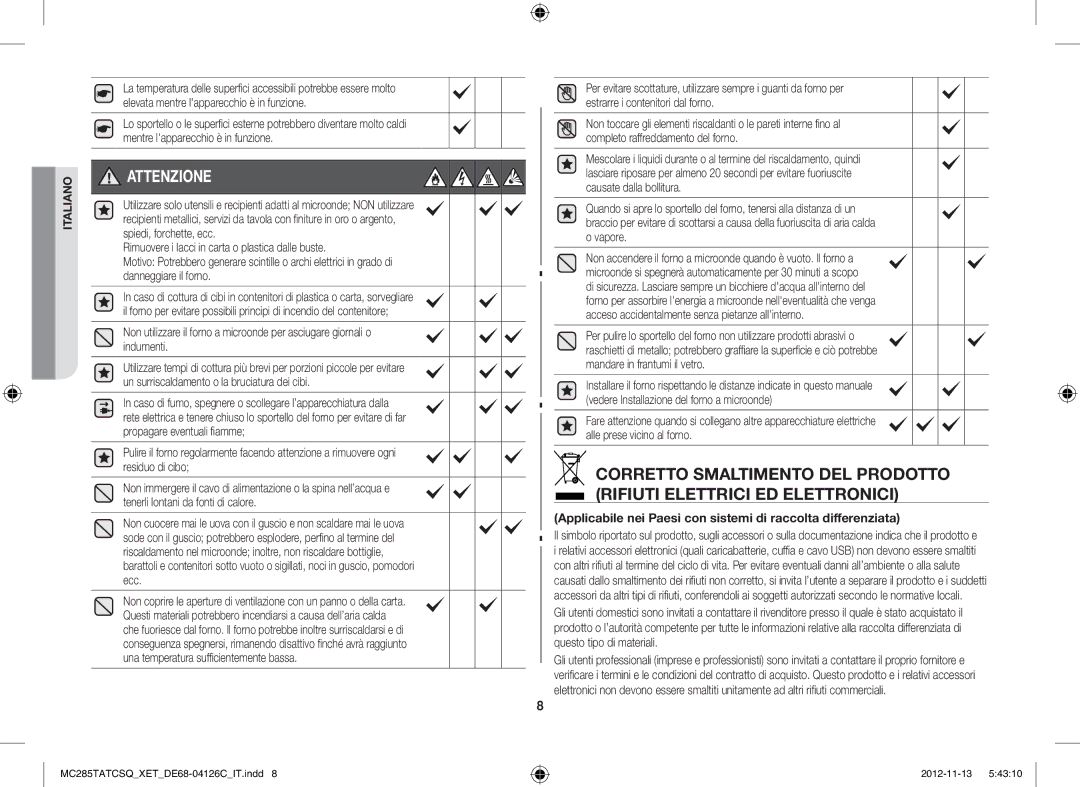 Samsung MC285TATCSQ/ET manual Attenzione, Applicabile nei Paesi con sistemi di raccolta differenziata 