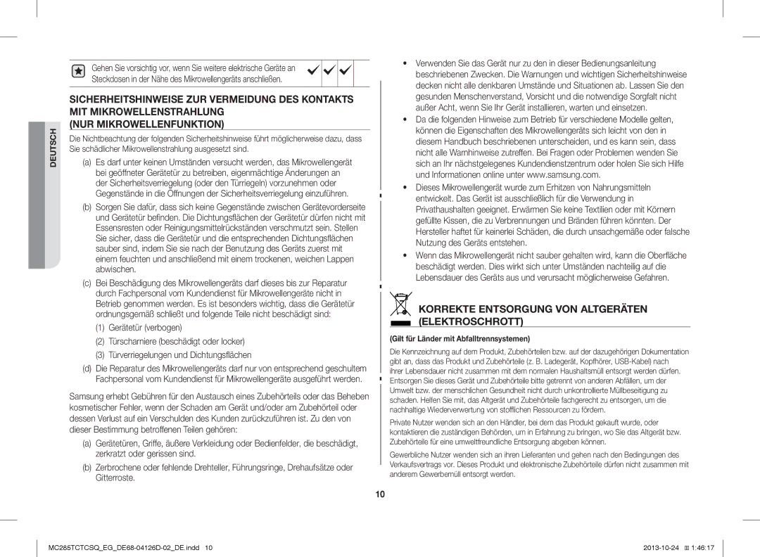 Samsung MC285TCTCSQ/EG manual Korrekte Entsorgung VON Altgeräten Elektroschrott 