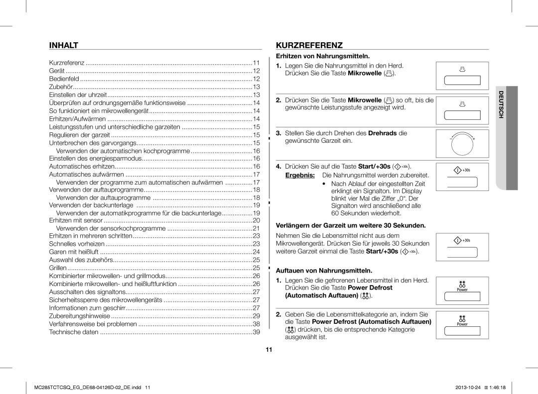 Samsung MC285TCTCSQ/EG manual Inhalt, Kurzreferenz 