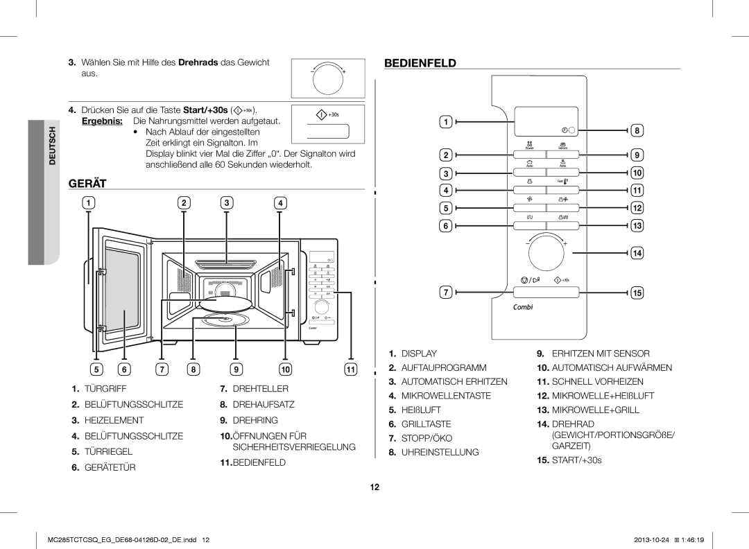 Samsung MC285TCTCSQ/EG manual Gerät, Bedienfeld 