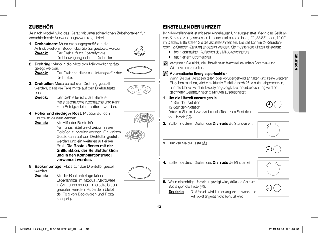 Samsung MC285TCTCSQ/EG Zubehör, Einstellen DER Uhrzeit, Zweck Mit Hilfe der Roste können, Automatische Energiesparfunktion 