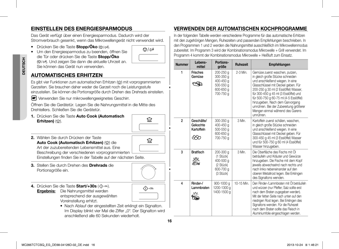 Samsung MC285TCTCSQ/EG Einstellen DES Energiesparmodus, Automatisches Erhitzen, Verwenden DER Automatischen Kochprogramme 