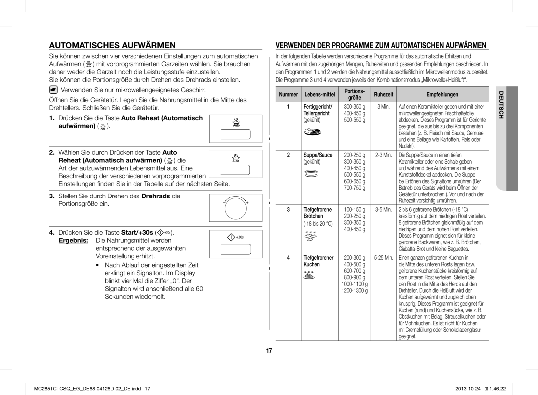 Samsung MC285TCTCSQ/EG manual Automatisches Aufwärmen, Empfehlungen 