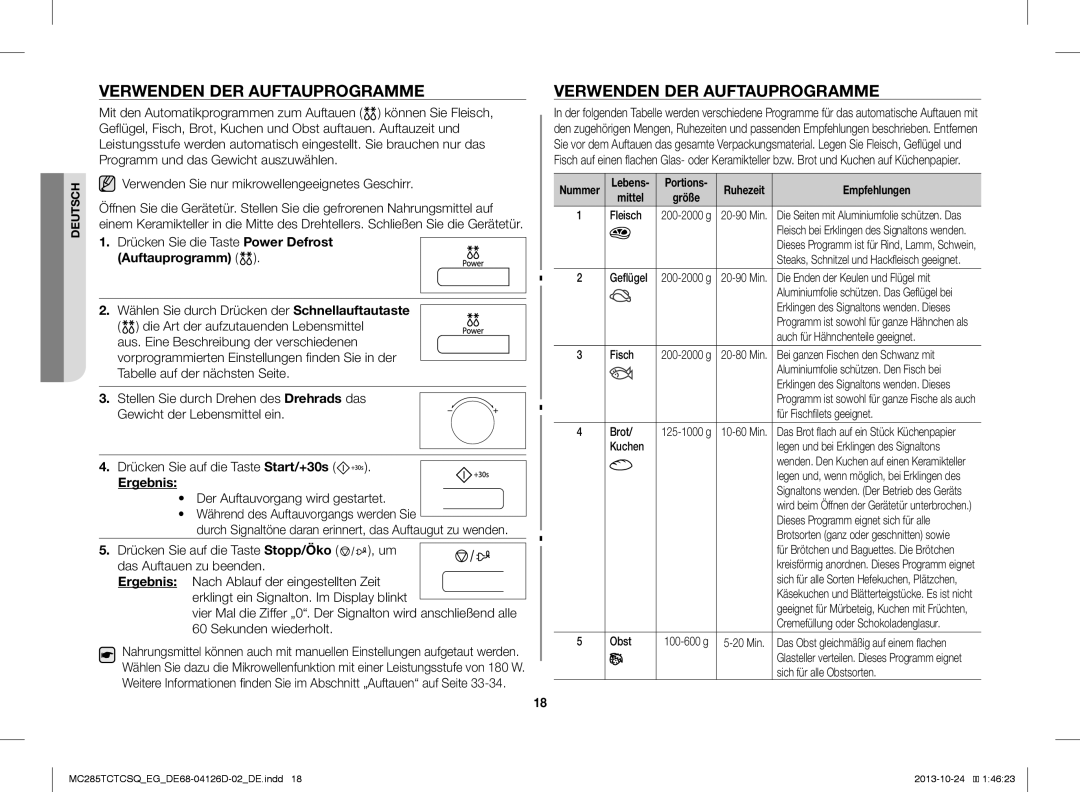 Samsung MC285TCTCSQ/EG manual Verwenden DER Auftauprogramme, Drücken Sie die Taste Power Defrost, Sekunden wiederholt 