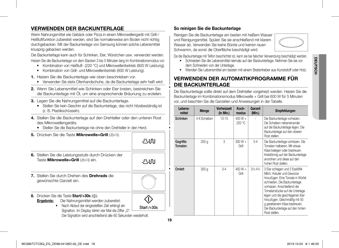 Samsung MC285TCTCSQ/EG Verwenden DER Backunterlage, Verwenden DER Automatikprogramme FÜR DIE Backunterlage, Lebens Menge 