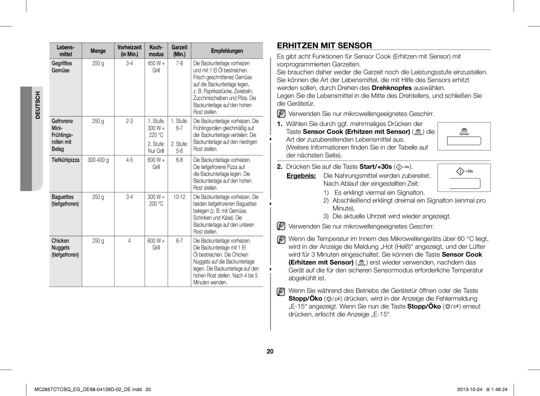 Samsung MC285TCTCSQ/EG manual Erhitzen MIT Sensor 