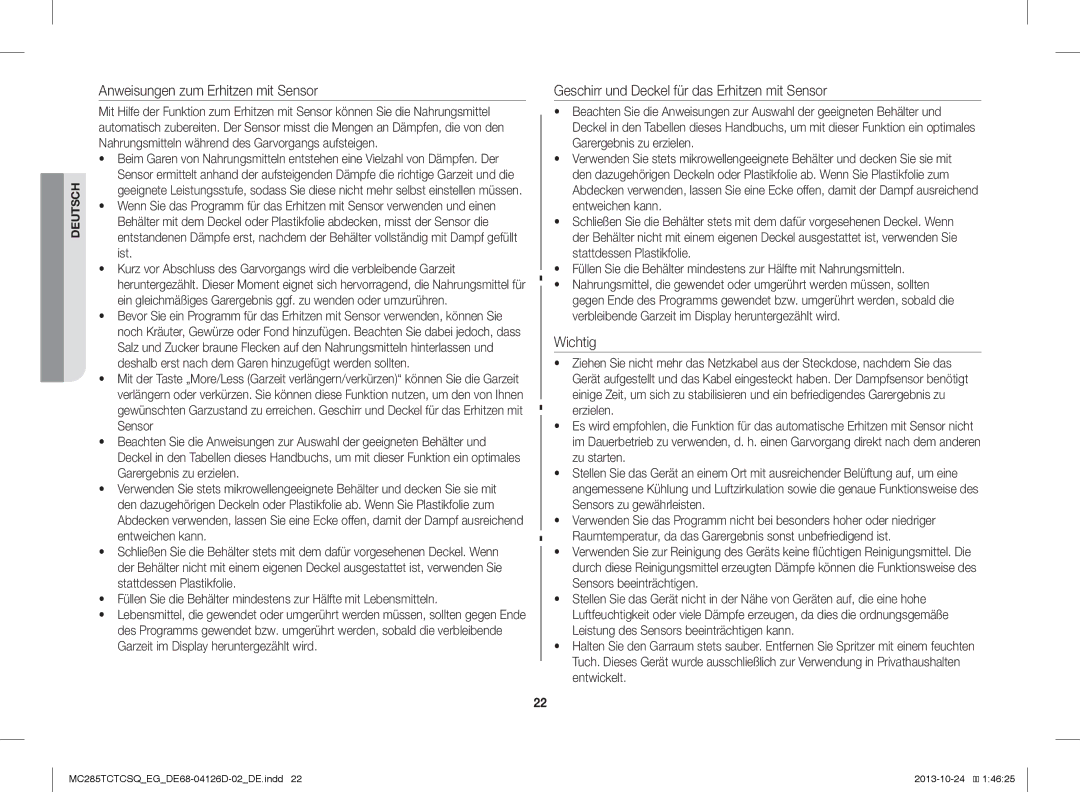 Samsung MC285TCTCSQ/EG manual Anweisungen zum Erhitzen mit Sensor 