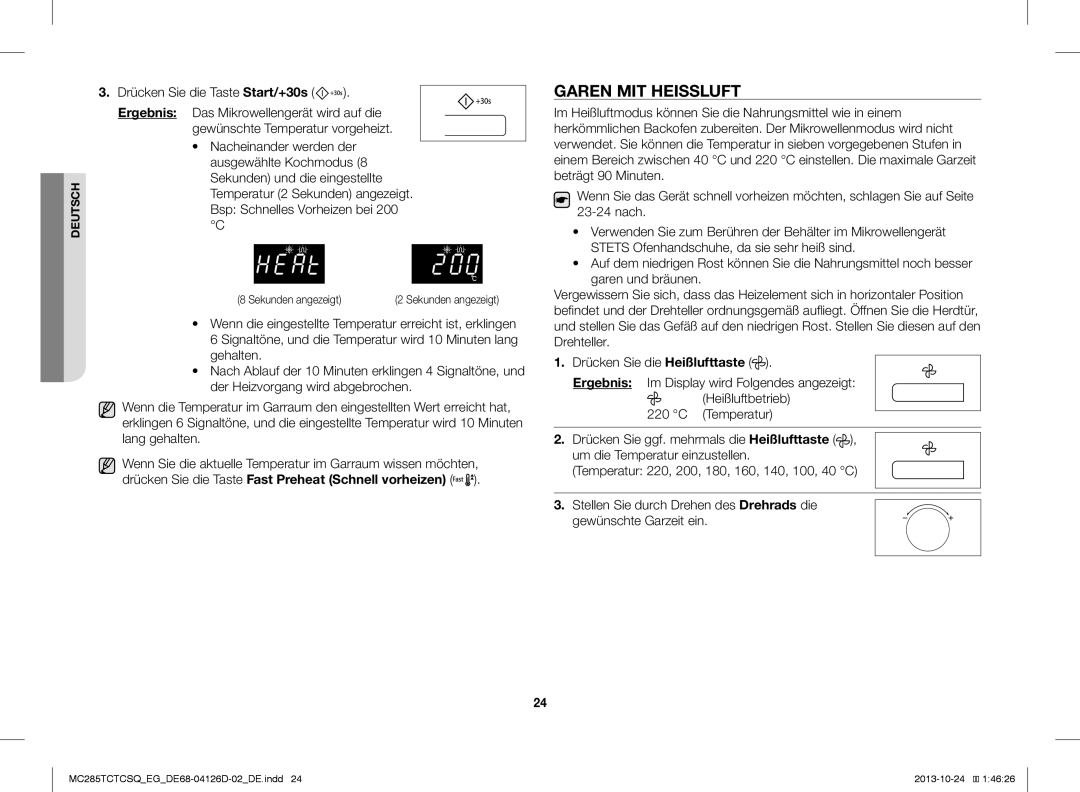 Samsung MC285TCTCSQ/EG manual Garen MIT Heissluft, Sekunden angezeigt 