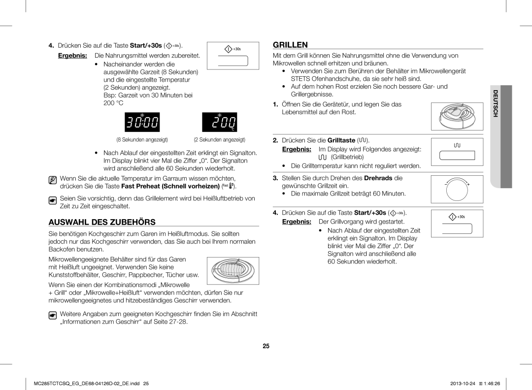 Samsung MC285TCTCSQ/EG manual Auswahl DES Zubehörs, Grillen, Bsp Garzeit von 30 Minuten bei 200 C 