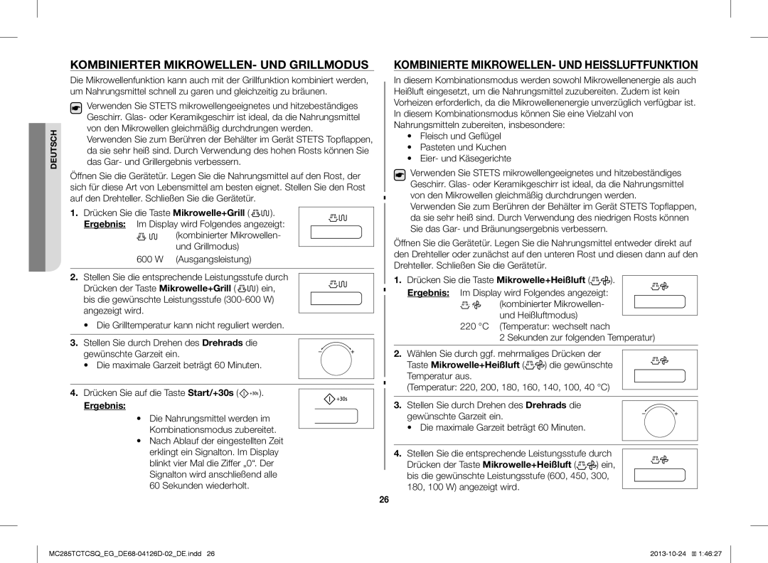 Samsung MC285TCTCSQ/EG manual Kombinierter MIKROWELLEN- UND Grillmodus, Kombinierte MIKROWELLEN- UND Heissluftfunktion 