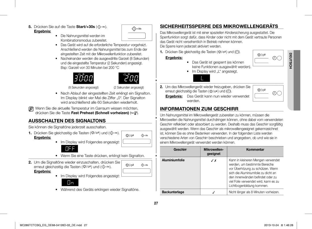 Samsung MC285TCTCSQ/EG Ausschalten DES Signaltons, Sicherheitssperre DES Mikrowellengeräts, Informationen ZUM Geschirr 