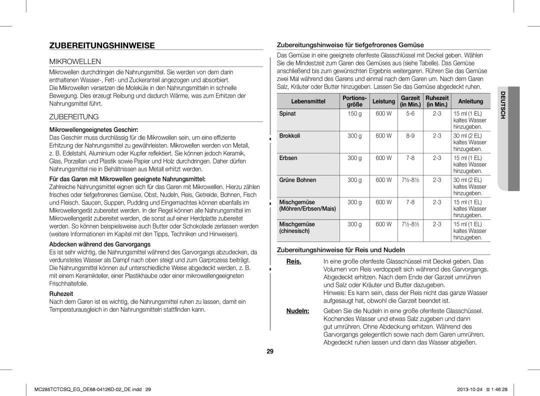 Samsung MC285TCTCSQ/EG manual Zubereitungshinweise, Mikrowellen 