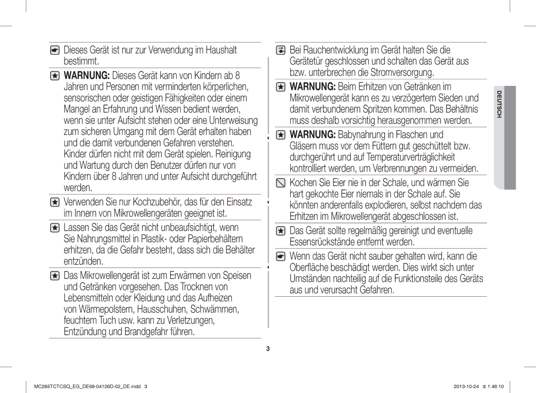 Samsung MC285TCTCSQ/EG manual Dieses Gerät ist nur zur Verwendung im Haushalt bestimmt 