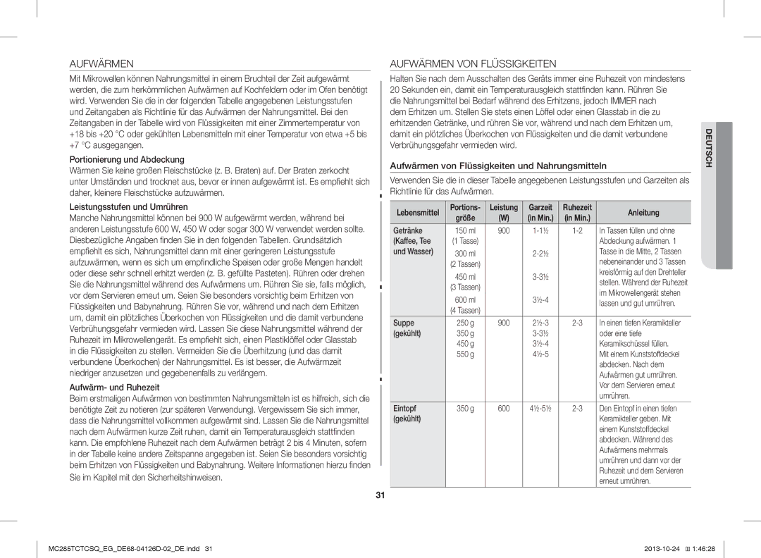 Samsung MC285TCTCSQ/EG manual Aufwärmen VON Flüssigkeiten 