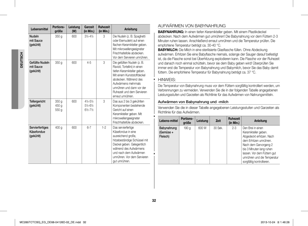 Samsung MC285TCTCSQ/EG manual Aufwärmen VON Babynahrung, Hinweis, Zeit 