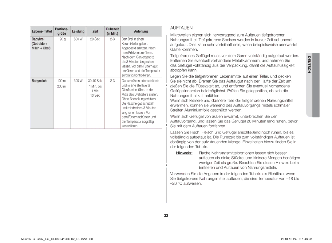 Samsung MC285TCTCSQ/EG manual Auftauen 