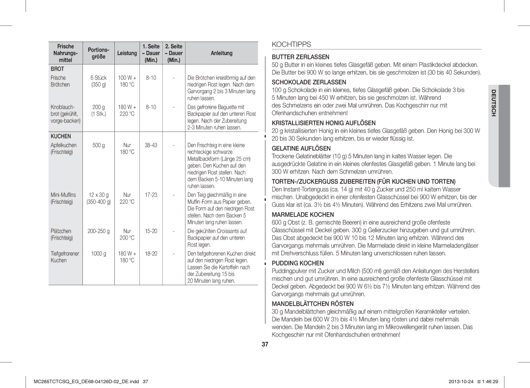 Samsung MC285TCTCSQ/EG manual Kochtipps 