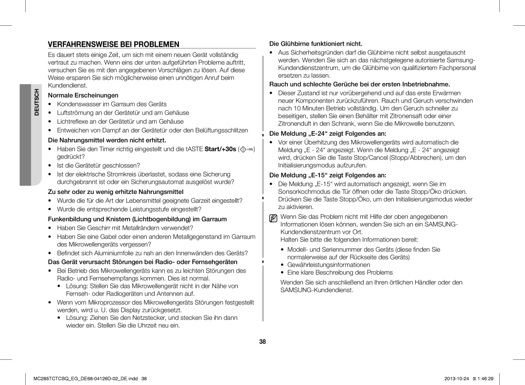 Samsung MC285TCTCSQ/EG manual Verfahrensweise BEI Problemen 