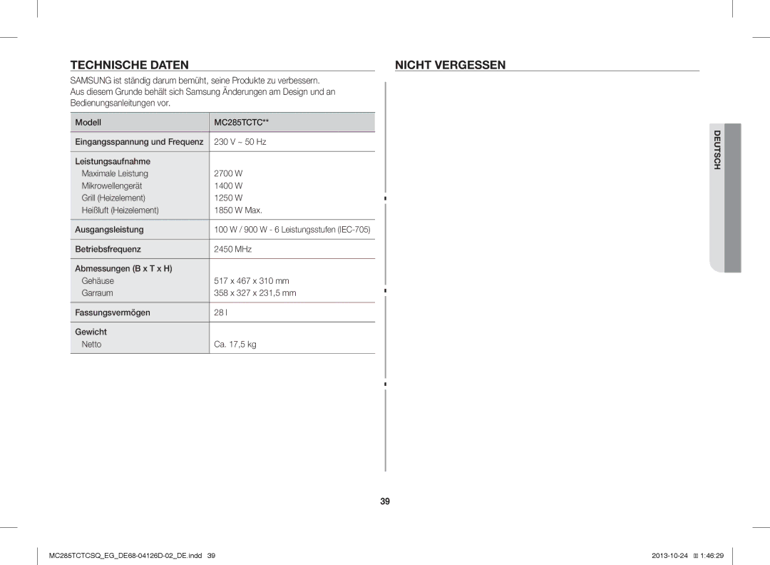 Samsung MC285TCTCSQ/EG manual Technische Datennicht Vergessen 