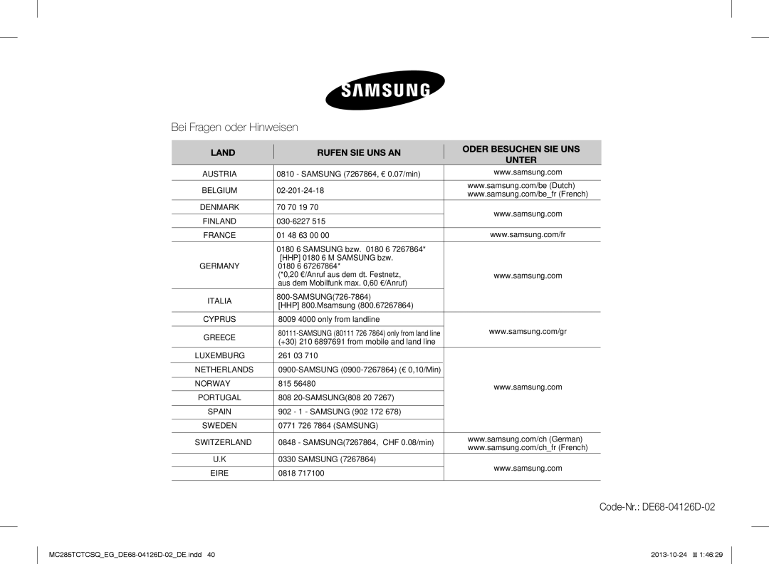 Samsung MC285TCTCSQ/EG Samsung 7267864, € 0.07/min, 02-201-24-18, 70 70 19, 030-6227, SAMSUNG726-7864 HHP 800.Msamsung 