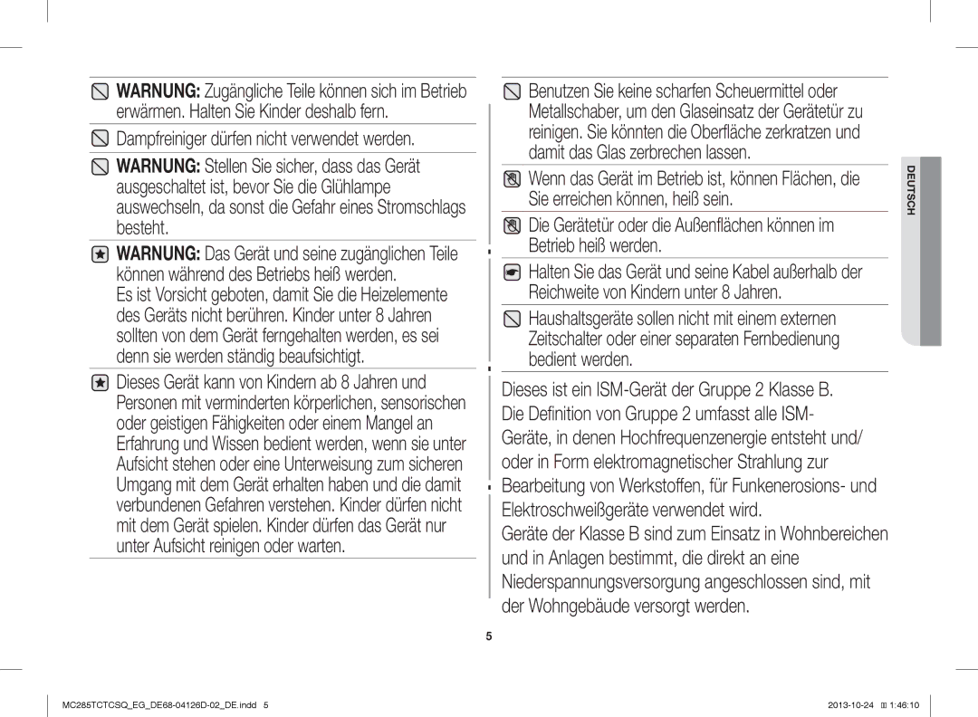 Samsung MC285TCTCSQ/EG manual Dampfreiniger dürfen nicht verwendet werden 