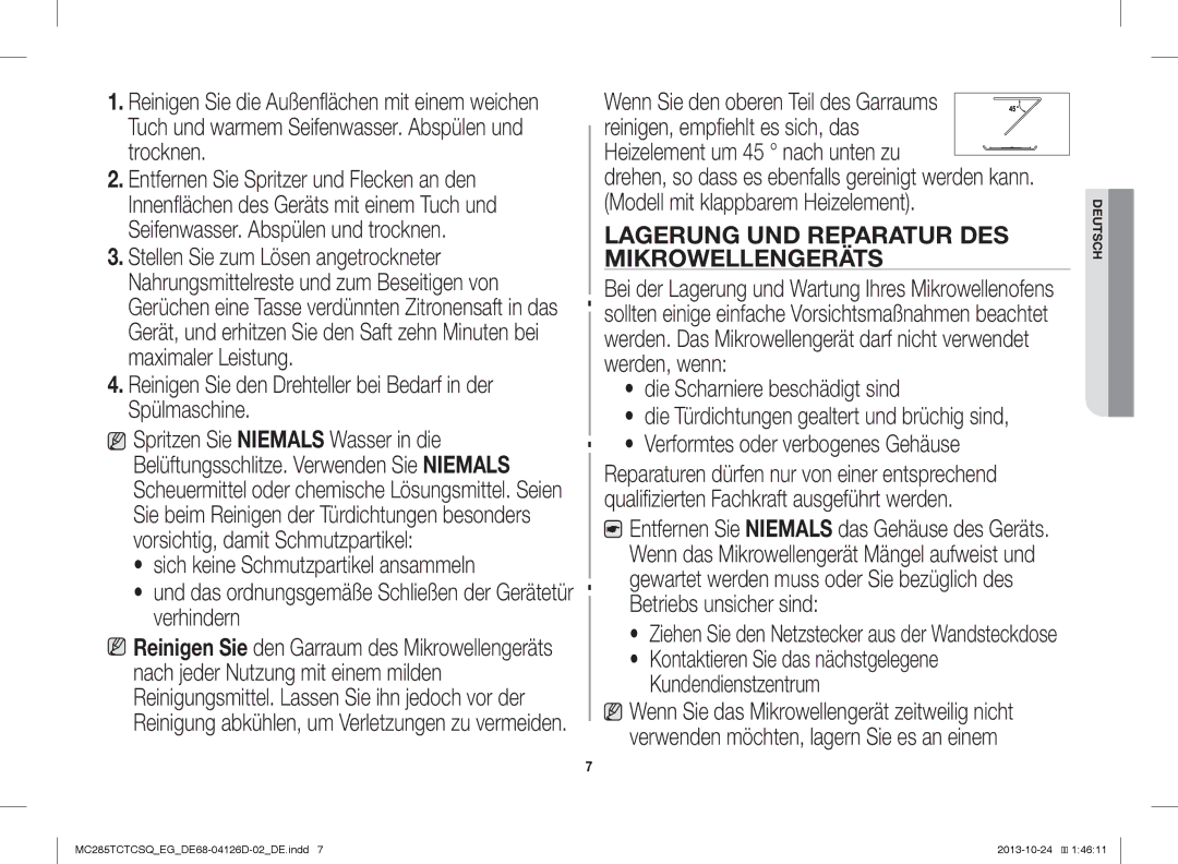 Samsung MC285TCTCSQ/EG manual Lagerung UND Reparatur DES 