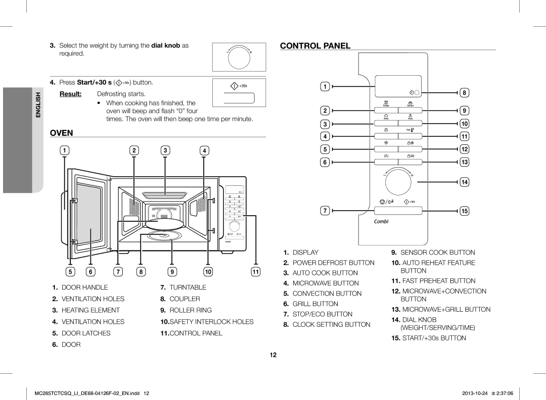 Samsung MC285TCTCSQ/LI manual Oven, Control Panel, Press Start/+30 s, Result 