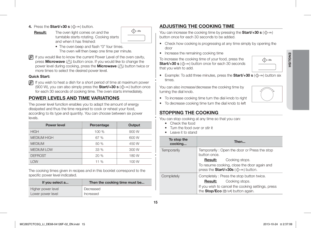 Samsung MC285TCTCSQ/LI Power Levels and Time Variations, Adjusting the Cooking Time, Stopping the Cooking, Quick Start 