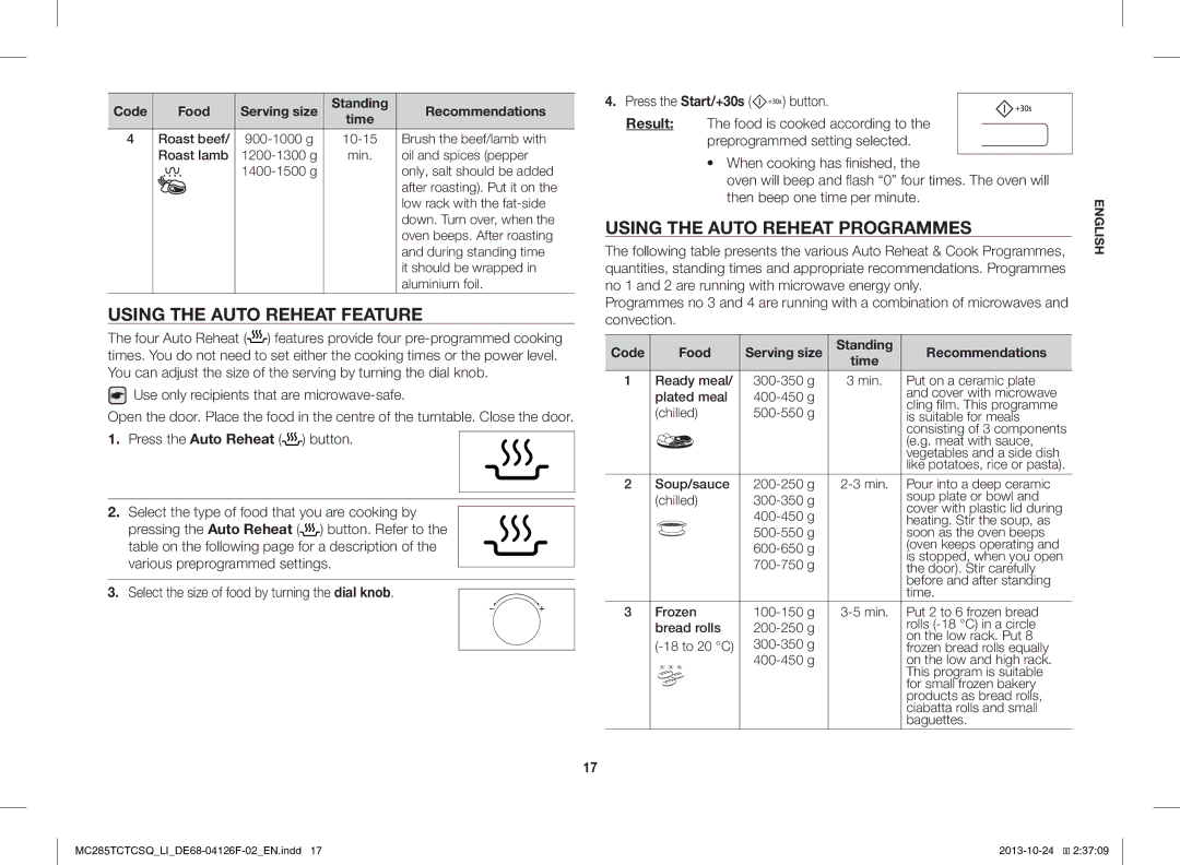 Samsung MC285TCTCSQ/LI manual Using the Auto Reheat Feature, Using the Auto Reheat Programmes, Code Food 