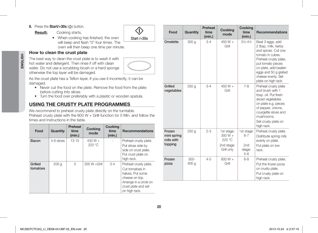 Samsung MC285TCTCSQ/LI manual Using the Crusty Plate Programmes, Preheat Cooking Food 