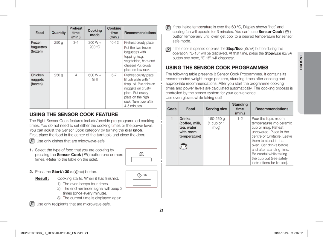 Samsung MC285TCTCSQ/LI manual Using the Sensor Cook Feature, Using the Sensor Cook Programmes, Standing Code Food 