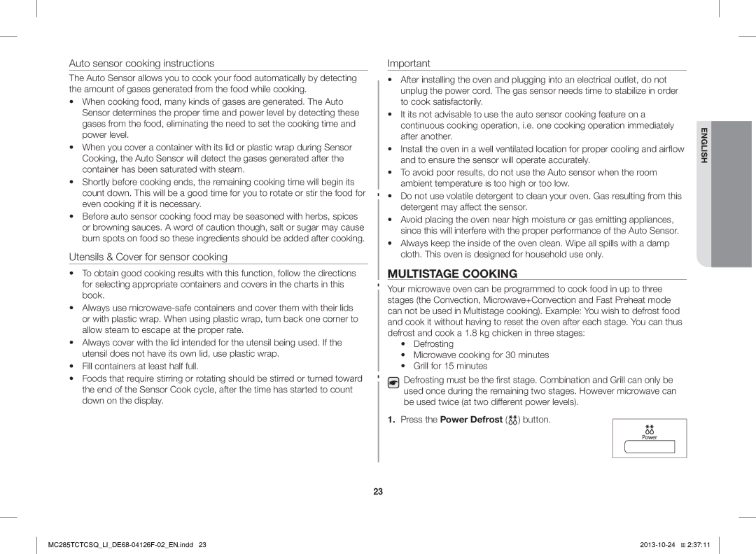 Samsung MC285TCTCSQ/LI manual Multistage Cooking, Auto sensor cooking instructions, Utensils & Cover for sensor cooking 