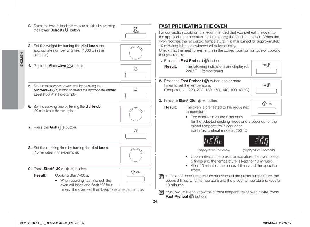 Samsung MC285TCTCSQ/LI Fast Preheating the Oven, Example, Button Set the microwave power level by pressing, Temperature 