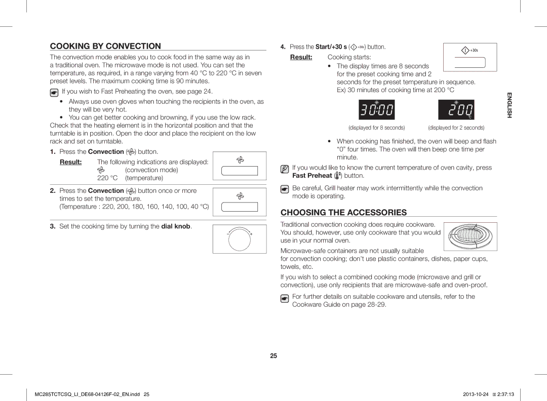 Samsung MC285TCTCSQ/LI manual Cooking by Convection, Choosing the Accessories, Convection mode 