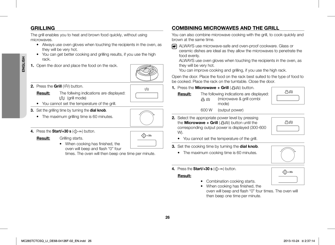 Samsung MC285TCTCSQ/LI manual Grilling, Combining Microwaves and the Grill, Press the Microwave + Grill button 