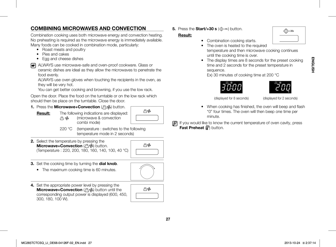 Samsung MC285TCTCSQ/LI manual Combining Microwaves and Convection, Press the Microwave+Convection button 