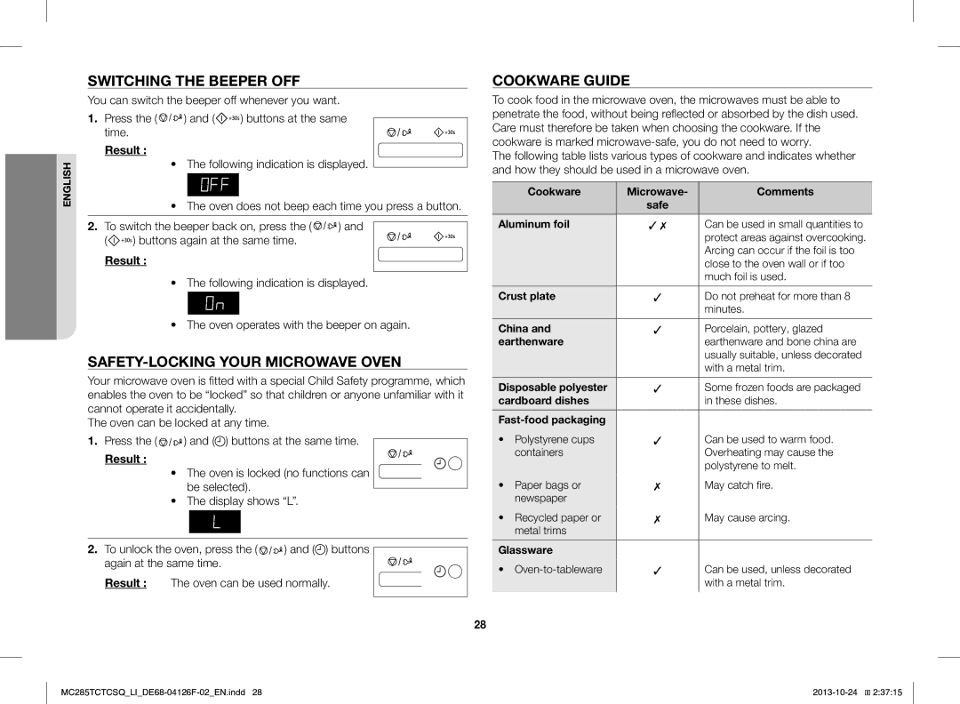 Samsung MC285TCTCSQ/LI manual Switching the Beeper OFF, SAFETY-LOCKING Your Microwave Oven, Cookware Guide 