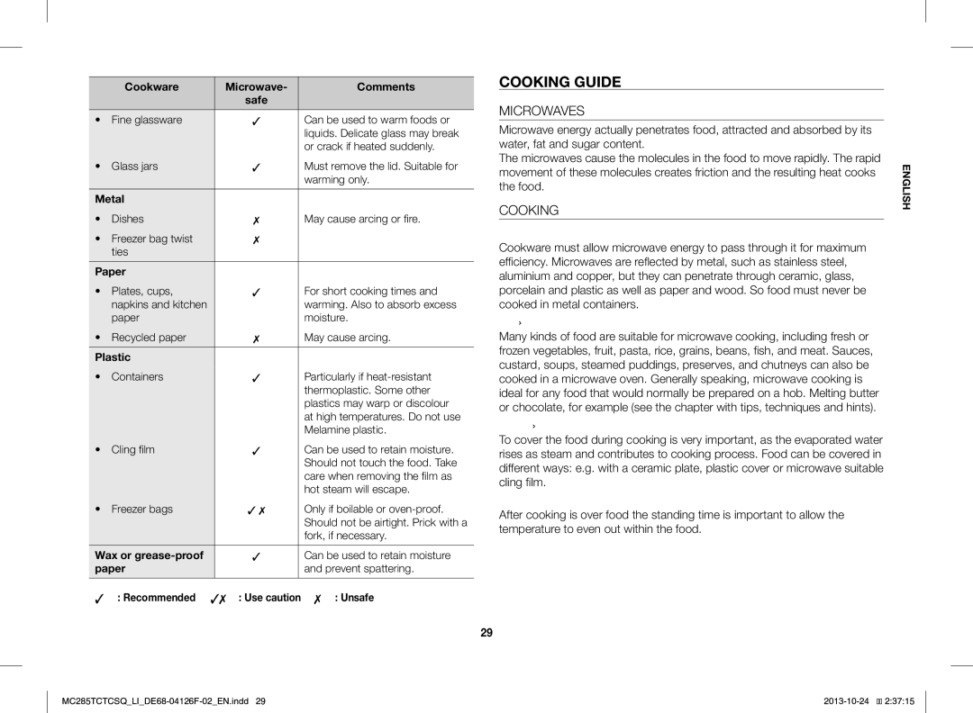 Samsung MC285TCTCSQ/LI manual Cooking Guide, Microwaves 