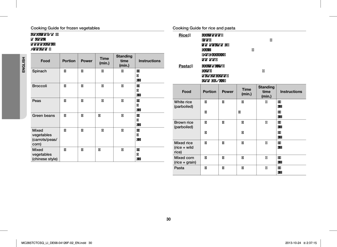 Samsung MC285TCTCSQ/LI manual Cooking Guide for frozen vegetables, Time Standing Food Portion Power Instructions Min 