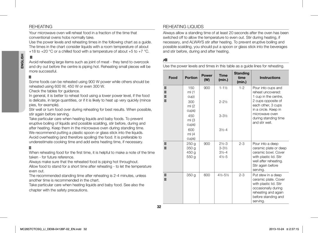 Samsung MC285TCTCSQ/LI manual Reheating Liquids, Power Time Standing Food Portion Instructions Min 