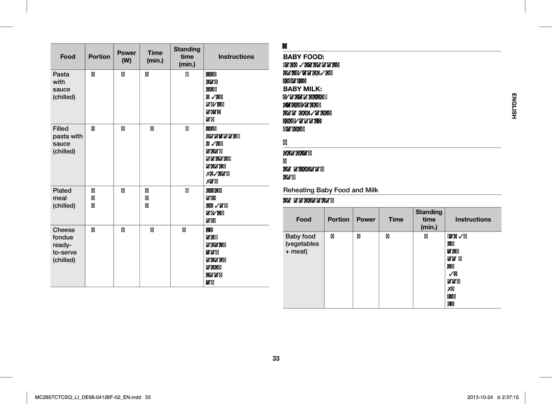 Samsung MC285TCTCSQ/LI manual Reheating Baby Food, Remark, Power Time Standing Food 