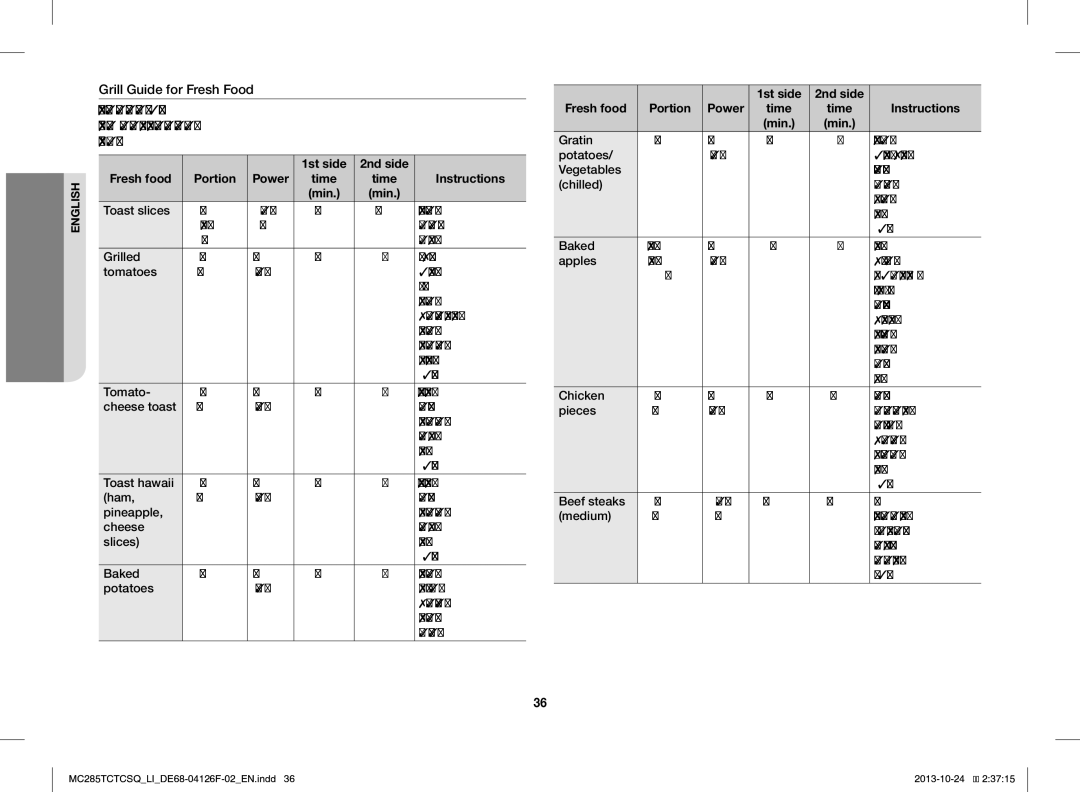 Samsung MC285TCTCSQ/LI manual 1st side 2nd side Fresh food, Time Instructions 