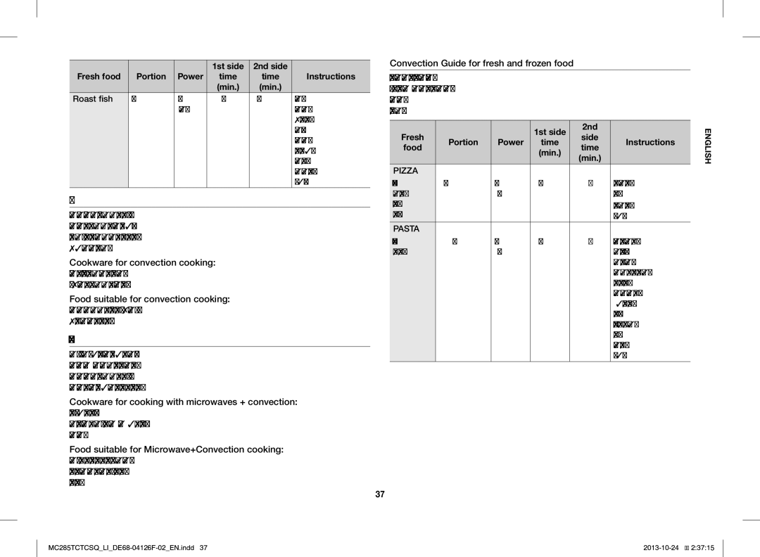 Samsung MC285TCTCSQ/LI manual Convection, Microwaves +CONVECTION, 1st side 2nd Fresh, Time Instructions Food 